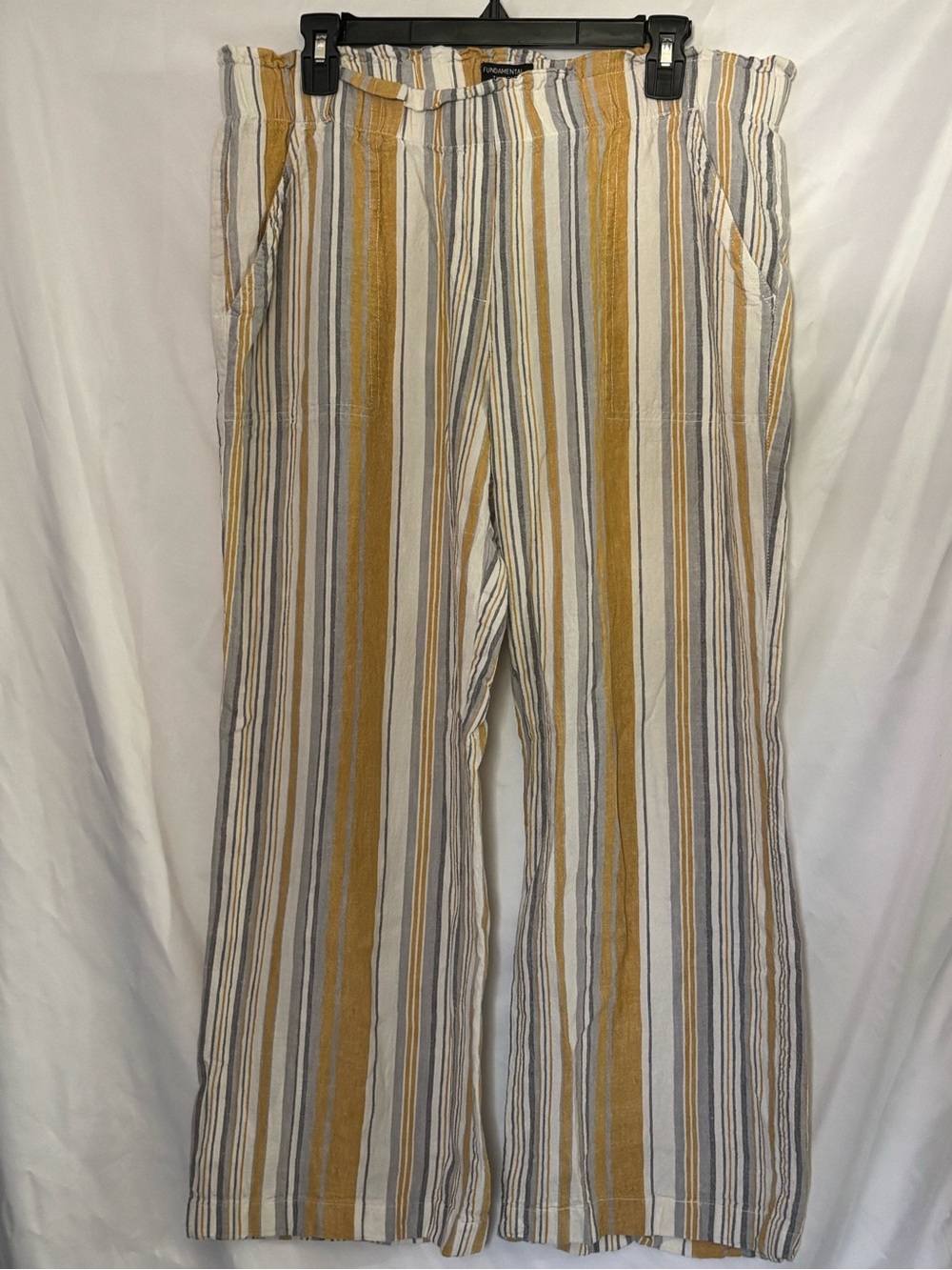 Mustard Yellow Striped Linen Wide Leg Palazzo Beach Pants Elastic Waist Sz 16